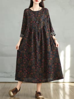 Cotton Vintage Print Floral Dresses 2026 Women Casual Loose Long Sleeve Dress Femme Robe Vestidos Elegant Spring Autumn Clothing