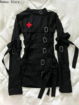 Gothic Dark 2000s Aesthetic Women's Dress Subculture Vintage Cross-shaped Metal Fastener Long-sleeved Harajuku Japanese Dresses