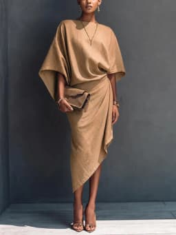 Elegant Women Linen Dress Batwing Sleeve Draped Wrap Design Asymmetrical Midi Dress Loose Fit Summer Office Evening Party Outfit