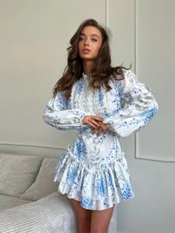 Casual Print Mini Dress Women Loose O Neck Long Sleeves Belt Lace Vestidos Female 2025 Summer Fashion Chic Ruffles Dresses