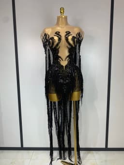 Sexy Sparkly Rhinestone Sequins Tassel Mesh Transparent Dress Women Evening Birthday Party Nightclub Dance Singer Stage Outfit