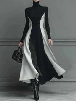 Elegant Black White Patchwork Maxi Dresses Women Fashion Turtleneck Long Sleeves Slim Dress New Female Evening Party Robes