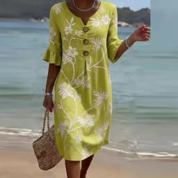 Summer Vintage Printed Dress Women Casual V Neck Half Sleeve Button Design Midi Dresses For Women Loose Beach Holiday Dress Boho