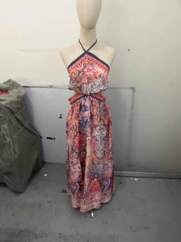 Floral Print Halter Dress Women Chic V-neck Sleeveless Backless Waist-cinching Maxi Dresses 2026 New Summer Lady Vacation Robes