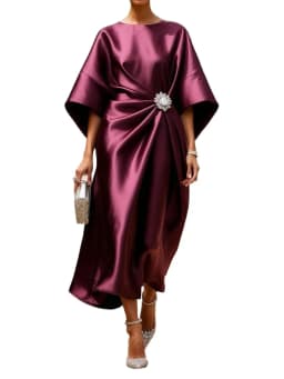 2026 New Women's Fashion Satin O Neck Batwing Sleeve Dresses Rhinestone Waist Decor Ruched Elegant Evening Party Cocktail Dress