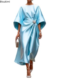 2026 New Women's Fashion Satin O Neck Batwing Sleeve Dresses Rhinestone Waist Decor Ruched Elegant Evening Party Cocktail Dress