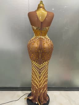 Luxury Shiny Mirror Rhinestones Hollowed-out Long Dress 2026Women Celebrity Evening Party Catwalk Prom Stage Photo Shoot Dresses