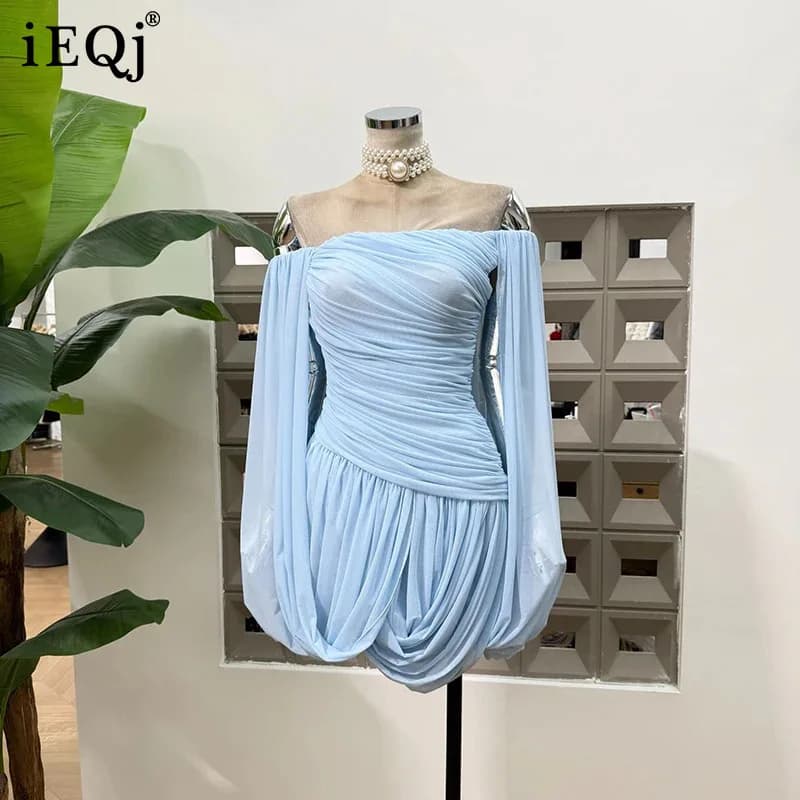 IEQJ Summer Irregular Blue Slash Neck Pleats Dress Women Long Sleeve Tight Waist Mini Dresses New 3A2052