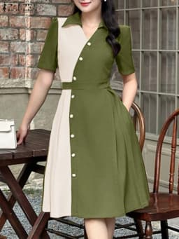 2025 Summer Dress ZANZEA Stylish Women Patchwork Dresses Elegant Lapel Neck Short Sleeve Pleated Sundress Casual Work Vestidos