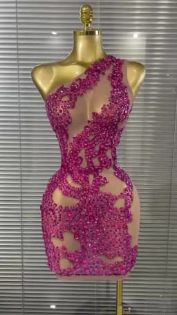 Shining Rosered Crystal Women Sexy One Shoulder Mesh See Through Bodycon Mini Dress Bar Singer Celebrate Performance Costumes