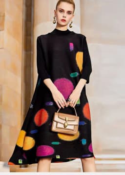 Pleated Colorful Print Dress 2022 Summer New Loose Half High Neck Long Dress Loose Fit Slight Strech