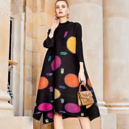 Pleated Colorful Print Dress 2022 Summer New Loose Half High Neck Long Dress Loose Fit Slight Strech
