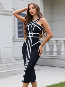 BEAUKEY Classic White And Black Stripes Bandage Long Evening Dress Luxury Contrast Vintage Woman Bodycon Elastic Dress Slim Midi