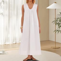 New Fashion Womens Summer Long Tank Dress Solid Color Sleeveless Scoop Neck Ruched Wide Shoulder Loose Dress S-XL