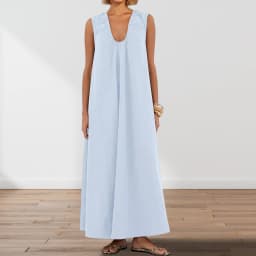 New Fashion Womens Summer Long Tank Dress Solid Color Sleeveless Scoop Neck Ruched Wide Shoulder Loose Dress S-XL
