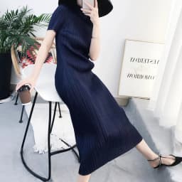 TIANPEI Miyake Pleated Women Dress Summer Elegant Casual Korean Basic Turtleneck Short Sleeve Long Dress Aesthetic Clothes