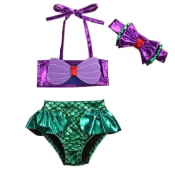 VISgogo 3Pcs Girls Mermaid Bikini Set Lace Up 3D Swimsuits Triangle Briefs Bowknot Elastic Headband Summer Swimwear Suit