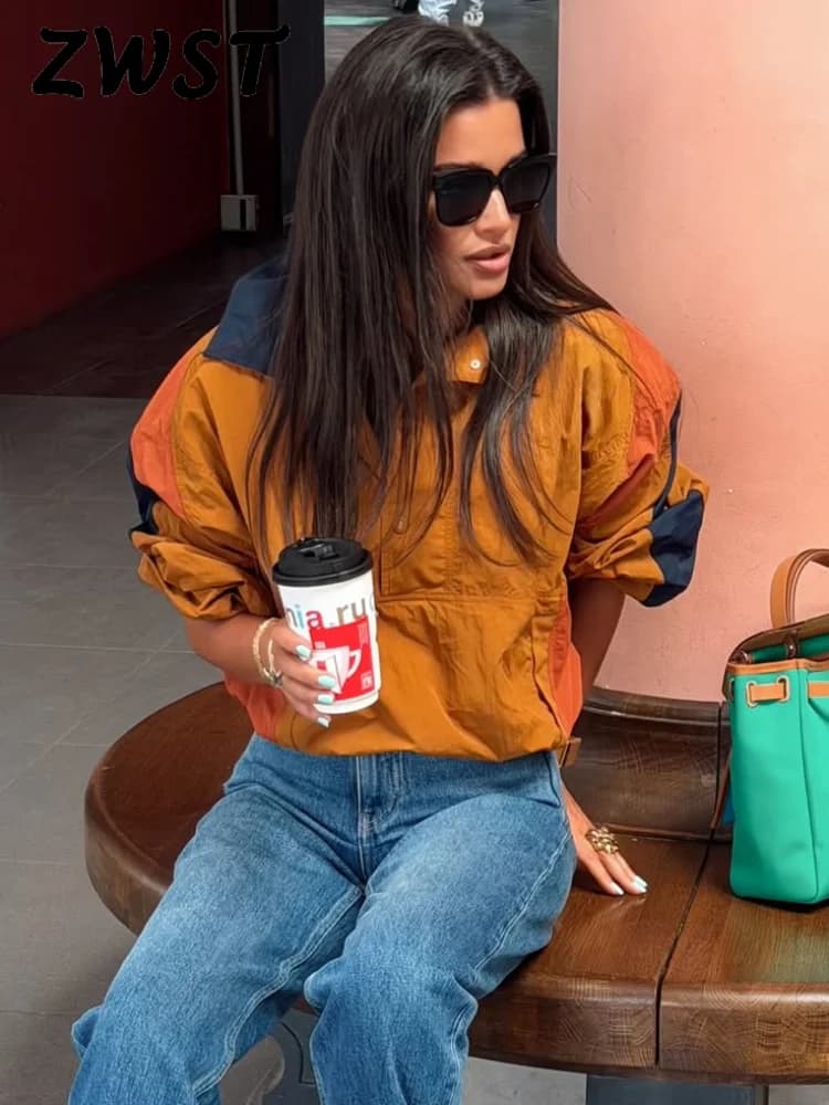 Elegant Contrast Jacket Women Loose Full Sleeve Stand Collar Button Jackets Female 2026 Fashion Autumn Outwear Lady