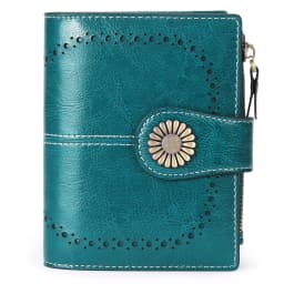 New Women RFID Blocking Genuine Leather Wallet Vintage Sunflower Buckle Short Purse 16 Card Slots ID Window Zipper Female Wallet