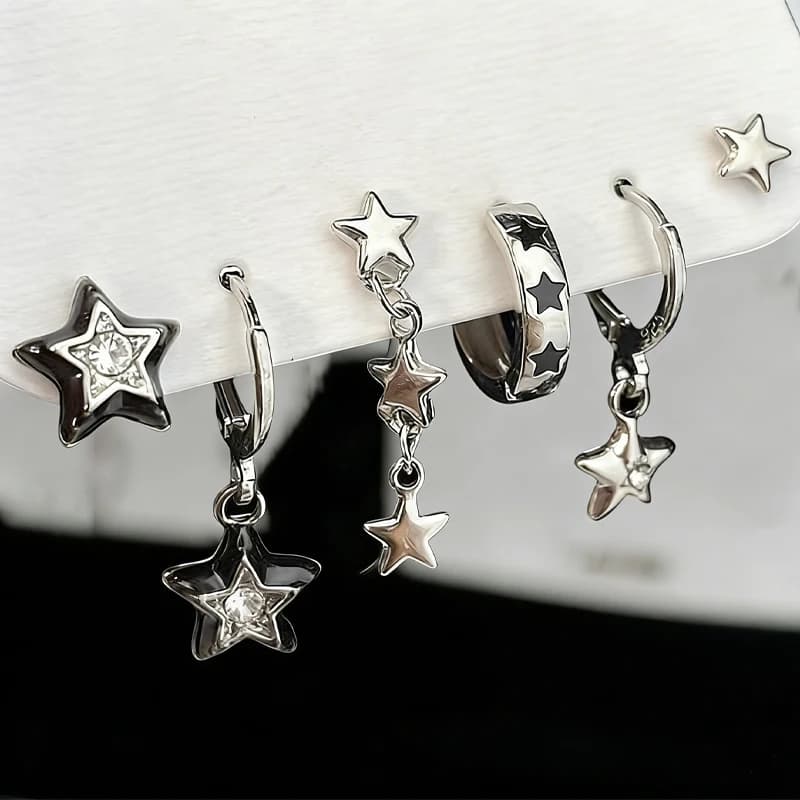 6Pcs Y2K Star Earrings Set For Women Fashion Goth Crystal Dangle Hoop Earrings Trendy Party Daily Wear Jewelry Birthday Gift New