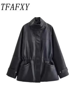 TFAFXY Women Leather Jacket Black Long Sleeve Zippers Pocket Stand Collar Female Coat 2026 Spring Autumn Lady New Outwear Y2K