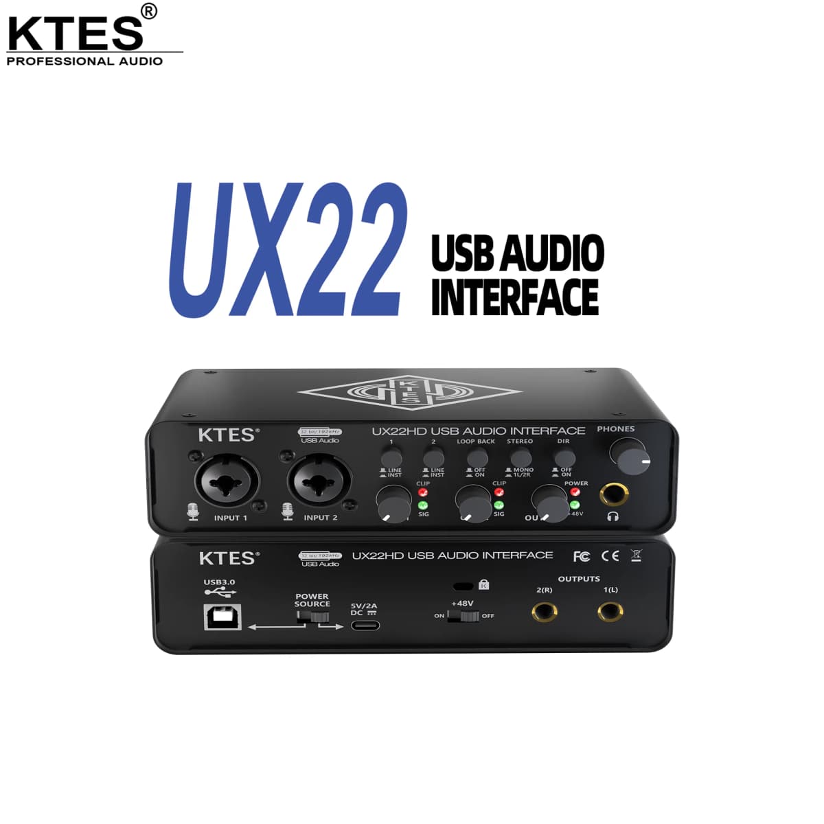 UX22 Audio Interface 192kHz 32-Bit USB Sound Card for Studio Recording Live Streaming Podcast DAW Music Production & YouTube