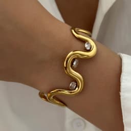 Exquisite Stainless Steel Cuff Bracelets For Women Gold Plated Evil Eye Zircon Wavy Shell Flower Open Bangle Waterproof Jewelry