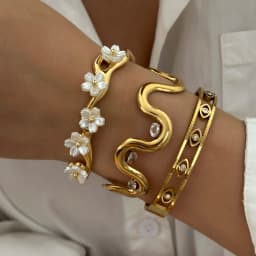 Exquisite Stainless Steel Cuff Bracelets For Women Gold Plated Evil Eye Zircon Wavy Shell Flower Open Bangle Waterproof Jewelry