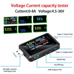 Multi-function USB Type-C Digital Tester DC4.5~36V Voltmeter Ammeter Power Capacity Resistance Temperature Meter IPS Display Fast Charging Protocol Detector Support Screen Off Function