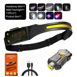 COB LED Sensor Headlamp USB Rechargeable Flashlight Built-in 1200 MAh Battery 5 Lighting Modes Torch Outdoor Camping Lantern