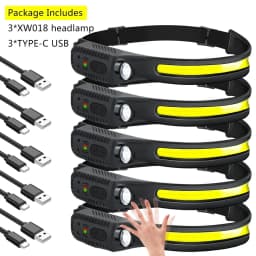 COB LED Sensor Headlamp USB Rechargeable Flashlight Built-in 1200 MAh Battery 5 Lighting Modes Torch Outdoor Camping Lantern