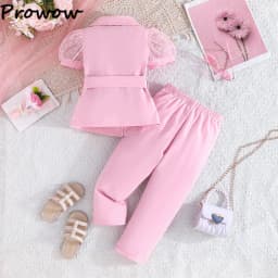 Children's Clothing Girl's Elegant Suit Dot Lace Sleeve Belted Blazer Coat Top and Pants Sets Three Piece Sets For Kids Clothes