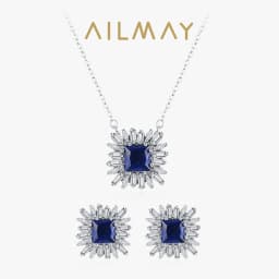 Ailmay 925 Sterling Silver Elegant Blue Square Zircon necklace & Earrings For Women Luxury Wedding Accessories Jewelry Set