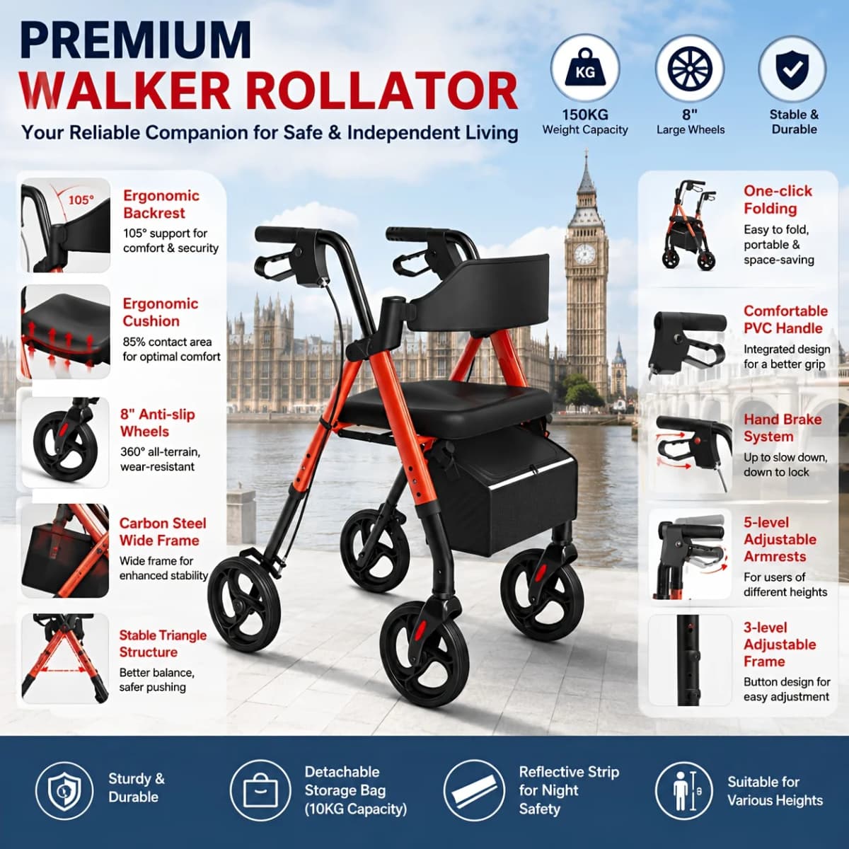MaiDeSiTe Elderly Walker Foldable with Seat Durable Steel Frame 8-Inch Large Wheels for Mobility Aid