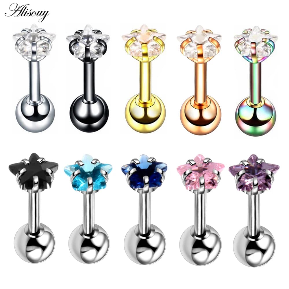 Alisouy 2pcs Star Prong Set Zircon Ear Cartilage Piercing Tragus Helix Studs Piercing Body Jewelry 16g Stianless Steel Earrings