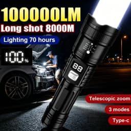 100000LM Super Bright Flashlight Rechargeable LED Torch Long Range Tactical Lamp for Outdoor Waterproof Camping Fishing Lantern