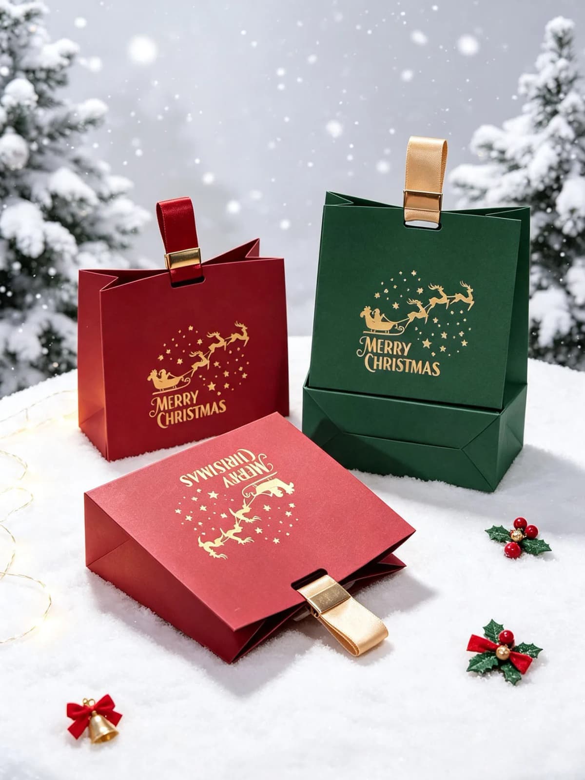 20pcs Santa Claus Sled Reindeer Hand-Held Gift Bags Red And Green Christmas Party Candy Small Gift Decoration Packaging