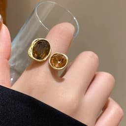 Vintage Brown Crystal Elliptical Open Rings For Women Luxury Rhinestone Contrasting Geometric Adjustable Finger Ring Jewelry