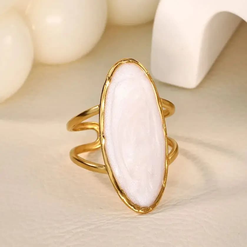Irregular White Stone Rings for Women Gold Color Stainless Steel Oval Adjustable Ring Aesthetic Party Trendy Jewelry Gift