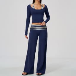 Striped Yoga Set Fitness Suit Gym Clothing Workout Tracksuit Women Sportswear 2 Piece Halter Long Sleeve Active Outfits Training