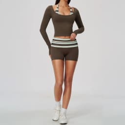 Striped Yoga Set Fitness Suit Gym Clothing Workout Tracksuit Women Sportswear 2 Piece Halter Long Sleeve Active Outfits Training