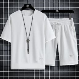 2024 Men's high qualityNew Summer Round Neck Short Sleeve Men Casual Sports Set Loose T-shirt Shorts Waffle Style Clothing