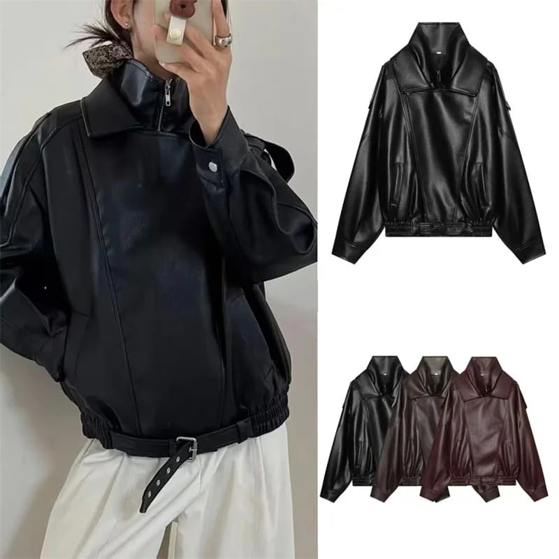 Guobioziy 2026 Fall New Women's Jacket 2026 Fall New Release Loose Faux Leather Biker Jacket Parka European and American Style