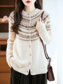 Classic Autumn Winter Woman Sweater Fair Isle Female 100% Merino Wool Knitted Cardigan Cashmere Ladies Long Sleeve Clothing Tops
