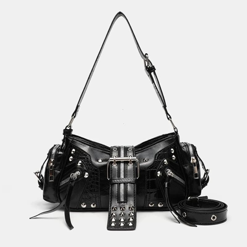 Women's Y2k Punk Vintage Shoulder Purse PU Leather Gothic Rivet Handbag Waist Bag Luxury Black Cross Body Bags with Spikes