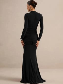 Mozision High Neck Long Sleeve Mermaid Maxi Dress Women Slim Ruched Waist Bodycon Floor Length Evening Party Formal Dress