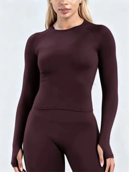 Women Long Sleeve Yoga Top Crew Neck Raglan Thumb Hole Slim Fit Cropped Workout Shirt Seamless Breathable Sports Running Gym Top
