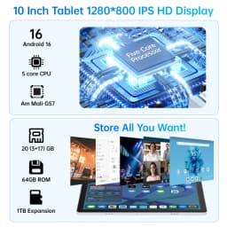 KB1001 Android 16 Tablet 10 Inch IPS HD Display, 20GB RAM (3+17GB Virtual) 64GB ROM, 1TB TF Expandable, A333 5-Core, WiFi6, Face ID Unlock, 6000mAh Battery Tablet for Study & Entertainment