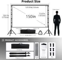 LEJIADA Projector Screen With Stand White Wrinkle-Free 60-150 inch 160° Viewing Angle Double Sided Screen Home Theater Outdoor
