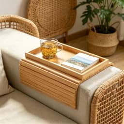 Bamboo Sofa Armrest Storage Tray Foldable Organizer for Couch Living Room Kitchen Snack Drink Remote Control Holder Space Saving